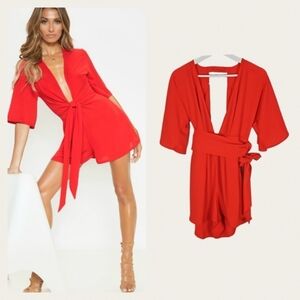 Olivaceous Red-Orange Romper with Back Cutout, Deep Neckline, and Pockets, S